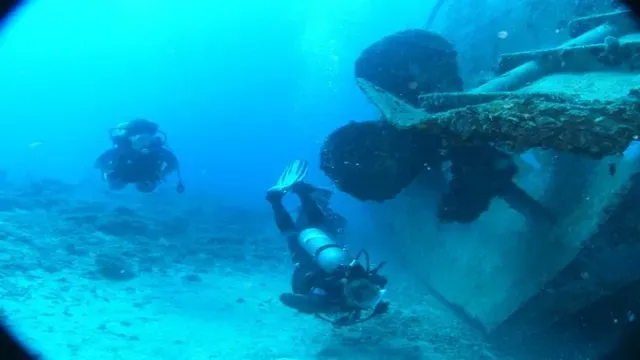 Divers exploring shipwreck